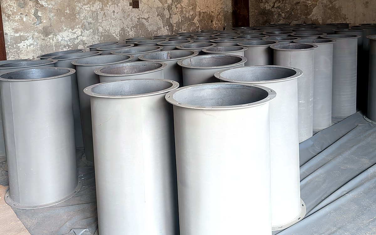 A batch of flanged duct sections after painting in the KZTM shop